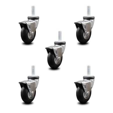 Service Caster 3 Inch Hooded Neoprene Rubber 5/16 Inch Threaded Stem Casters with Brakes, 5PK SCC-TS03S310-NPRB-BC-B-5161815-5